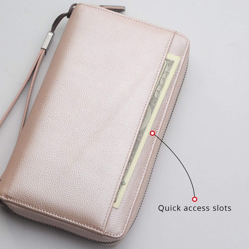Bveyzi منظم مستندات السفر حجب RFID جلد محفظة جواز سفر متعددة حامل عائلة حزام معصم (ذهب وردي) - Image 5